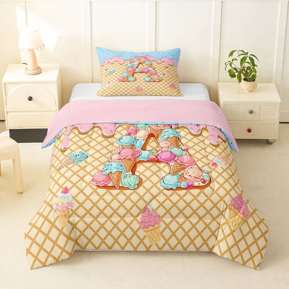 Manfei Lovely Letter A Twin Comforter Sets,Sweet Ice Cream Bedding Set,Yellow,Pink Reversible,2pcs,1 Comforter and 1 Pillowcase