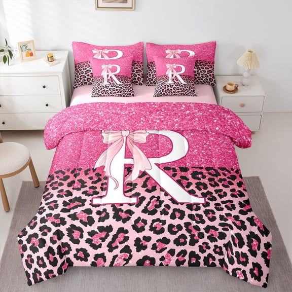 Manfei Lovely Letter R 7-Piece King Bedding,Classic Leopard Pattern King Bed in a Bag,Pink,Pink Reversible