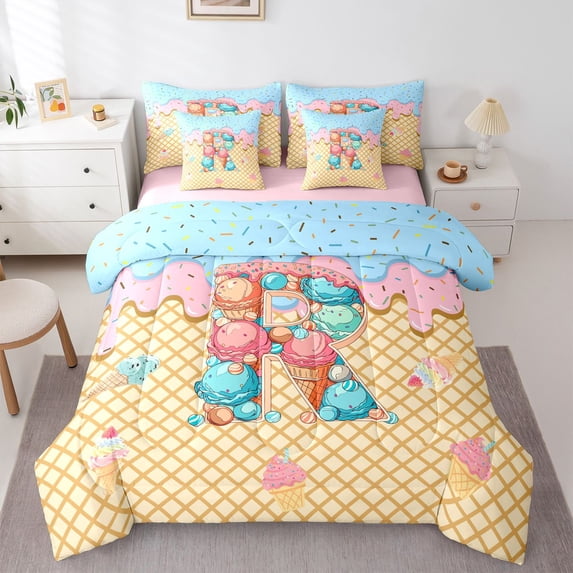 Manfei Lovely Letter R 7pcs Queen Bedding,Kawaii Ice Cream Bedding Comforter Set Queen,Yellow,Pink Reversible