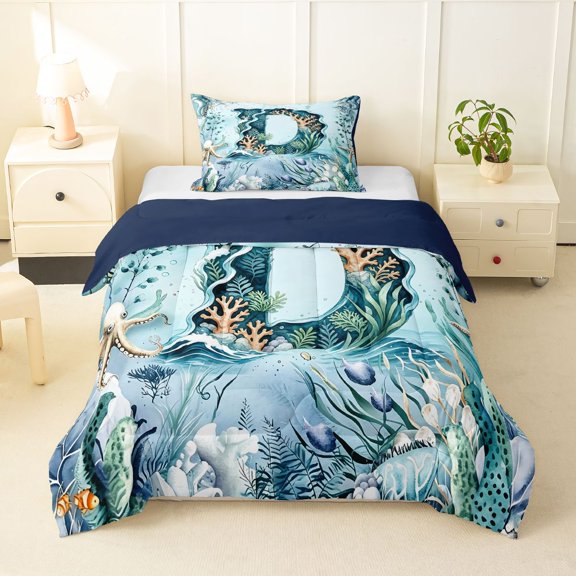Manfei Lovely Marine Life Twin Comforter Sets,Alphabet D Print Bedding Set,Multicolor,Navy Blue Reversible,2 Pieces,1 Comforter and 1 Pillowcase