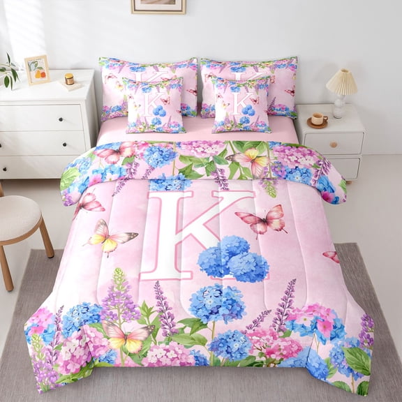 Manfei Lovely Monogram K 7pcs Queen Bedding,Cute Floral Bedding Comforter Set Queen,Multicolored,Pink Reversible