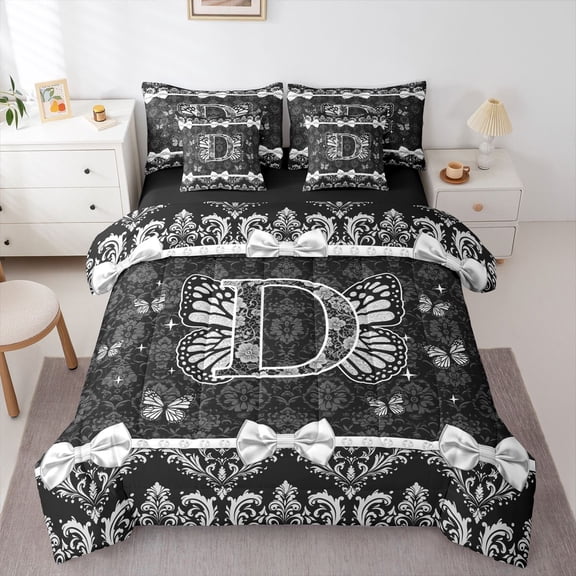 Manfei Lovely Monogrammed D 7-Piece Twin Bedding,Ancient Damask Bedding Comforter Set,Black,Black Reversible