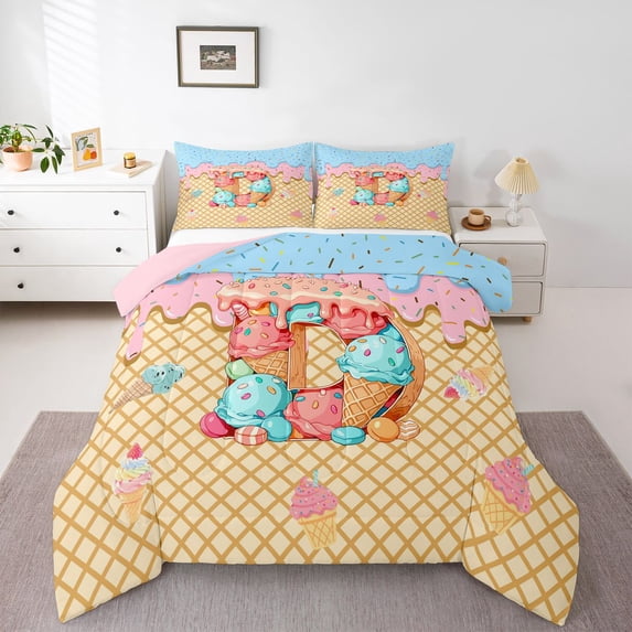Manfei Lovely Monogrammed D Full Size Comforter Sets,Cute Ice Cream Bedding Comforter Set,Yellow,Pink Reversible,3-Piece,1 Comforter and 2 Pillowcases