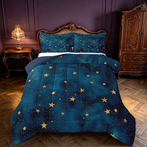 Manfei Lovely Ombre Stars Full Size Comforter Sets,Sprinkle Print Bedding Comforter Set,Teal Gold,Navy Blue Reversible,3-Piece,1 Comforter and 2 Pillowcases