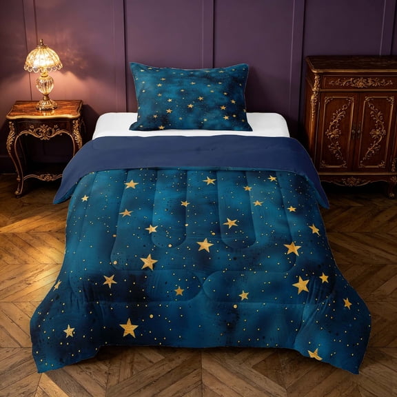 Manfei Lovely Ombre Stars Twin Comforter Sets,Sprinkle Print Bedding Set,Teal Gold,Navy Blue Reversible,2pcs,1 Comforter and 1 Pillowcase