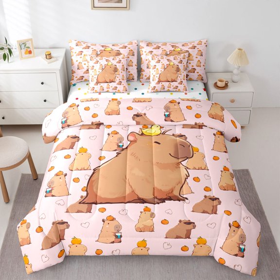 Manfei Lovely Orange Pattern 7-Piece Twin Bedding,Cute Capybara Bedding Comforter Set,Pink,Polkadot Reversible