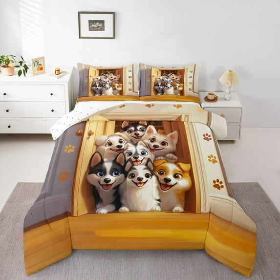 Manfei Lovely Puppy Dog King Size Comforter Sets,Pet Animal Lover Bedding Comforter Set,Beige Brown Bedding Set For Child,Breathable Home Decor Reversible,3-Piece