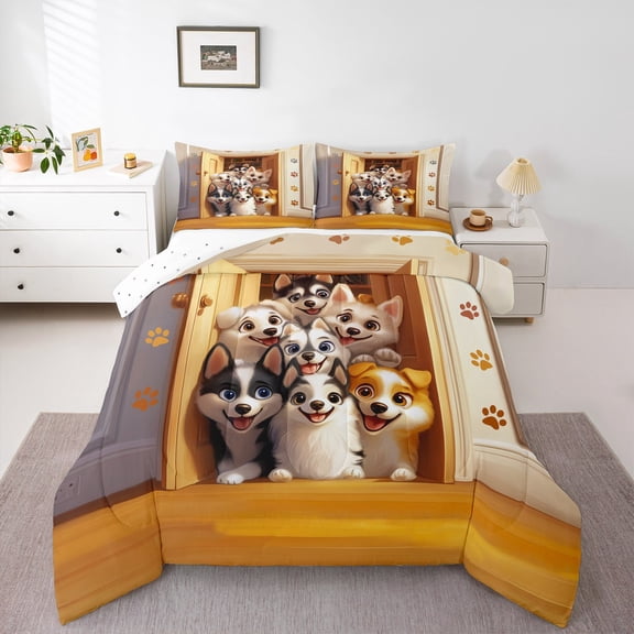 Manfei Lovely Puppy Dog Queen Comforter Set,Pet Animal Lover Bedding Sets,Beige Brown Bedding Comforter Set For Child,Breathable Home Decor Reversible,3pcs