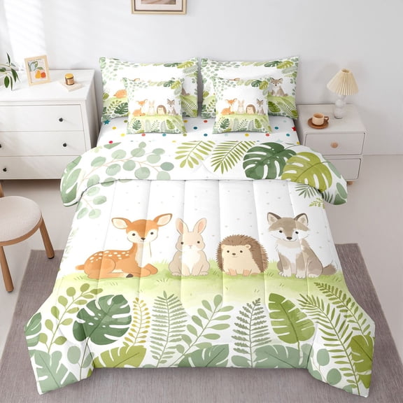 Manfei Lovely Rabbit 7-Piece Twin Bedding,Woodland Animal Bedding Comforter Set,White,Polkadot Reversible