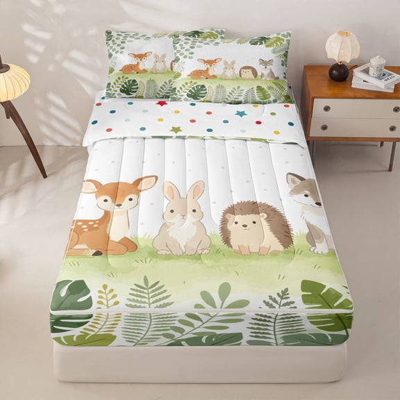 Manfei Lovely Rabbit Zipper Twin Comforter Sets with Fitted Sheet and 2 Pillowcases,Woodland Animal Zipper Bedding Set,White,Polkadot Reversible,4pcs