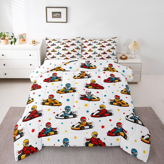 Manfei Lovely Race Car Full Size Comforter Sets,Cartoon Stars Bedding Comforter Set,White,Polkadot Reversible,3pcs,1 Comforter and 2 Pillowcases