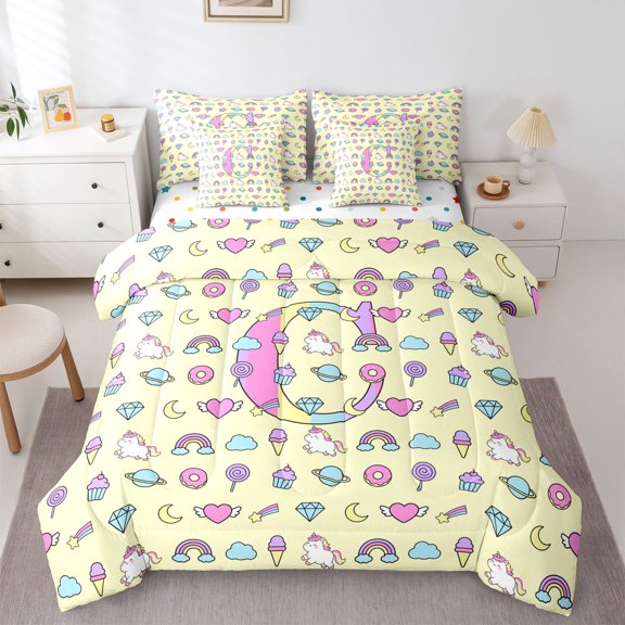 Manfei Lovely Rainbow Alphabet C 7-Piece Twin Bedding,Sweet Unicorn Bedding Comforter Set,Yellow,Polkadot Reversible