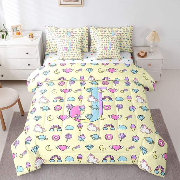 Manfei Lovely Rainbow Letter J 7 Pieces Full Size Bedding Sets,Rainbow Cloud Full Size Bed in a Bag,Yellow,Polkadot Reversible