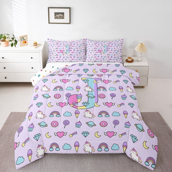 Manfei Lovely Rainbow Letter J Queen Comforter Set,Rainbow Cloud Comforter Sets Queen,Purple,Polkadot Reversible,3pcs,1 Comforter and 2 Pillowcases