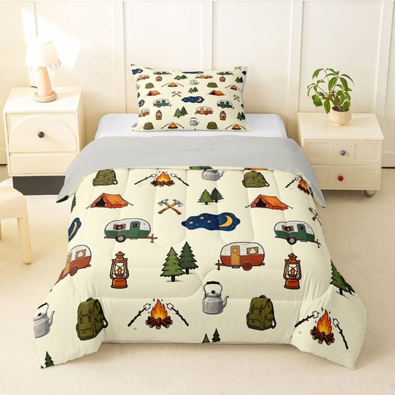 Manfei Lovely Rv Twin Comforter Sets,Cute Camping Print Bedding Set,Cream,Light Gray Reversible,2 Pieces,1 Comforter and 1 Pillowcase