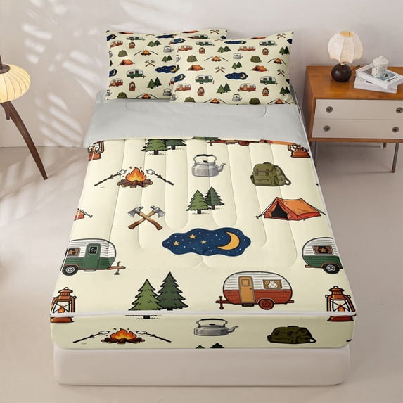 Manfei Lovely Rv Zipper Twin Comforter Sets with Fitted Sheet and 2 Pillowcases,Cute Camping Print Zipper Bedding Set,Cream,Light Gray Reversible,4pcs