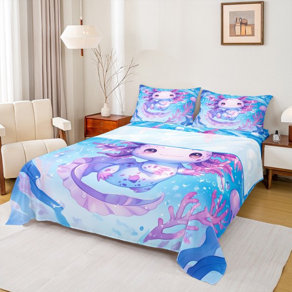 Manfei Lovely Salamander Axolotl Bed Sheets,Magic Ocean Animal King Sheets,Purple Pink Blue Sheet Set For Children,Breathable Home Decor,4-Piece