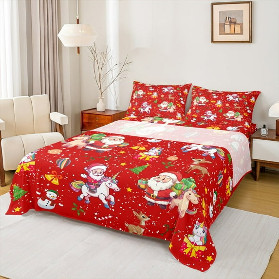 Manfei Lovely Santa Claus Full Sheet Set,Xmas Reindeer Unicorn Red White,Decor For Kids,4-Piece