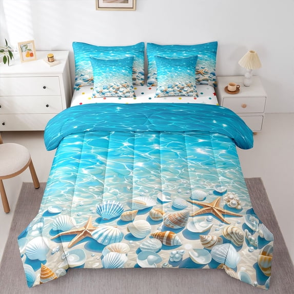 Manfei Lovely Seashell 7-Piece King Bedding,Kawaii Starfish King Bed in a Bag,Light Blue,Polkadot Reversible