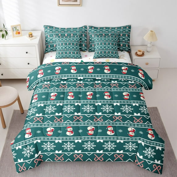 Manfei Lovely Snowmen 7-Piece Bedding Comforter Set,Xmas Dessert Candy Cnae King Bedding Sets,Teal Red White Bed Sheets For Girl Boy,Breathable Home Decor Reversible