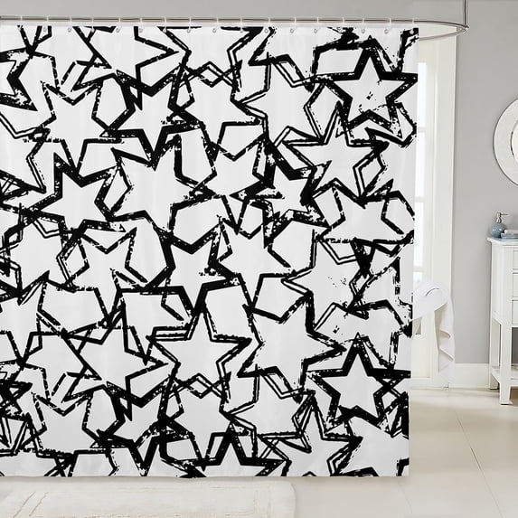 Manfei Lovely Sparkle Stars Print Shower Curtain 72Wx72L,Kawaii Cartoon Theme Bathroom Curtain,White Black
