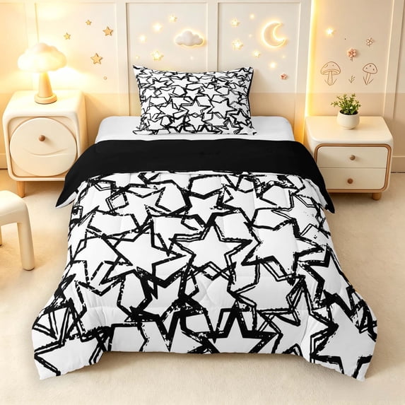 Manfei Lovely Sparkle Stars Print Twin Comforter Sets,Kawaii Cartoon Theme Bedding Set,White Black,Black Reversible,2 Pieces,1 Comforter and 1 Pillowcase