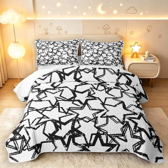 Manfei Lovely Sparkle Stars Print Twin Quilt Set,Kawaii Cartoon Theme Twin Coverlet Set,White Black,Black Reversible,2 Pieces,1 Bedspread and 1 Pillowcase