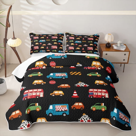 Manfei Lovely Speed Car Quilt Full,Cute Taxi Print Full Bedspread Sets,Black,3-Piece