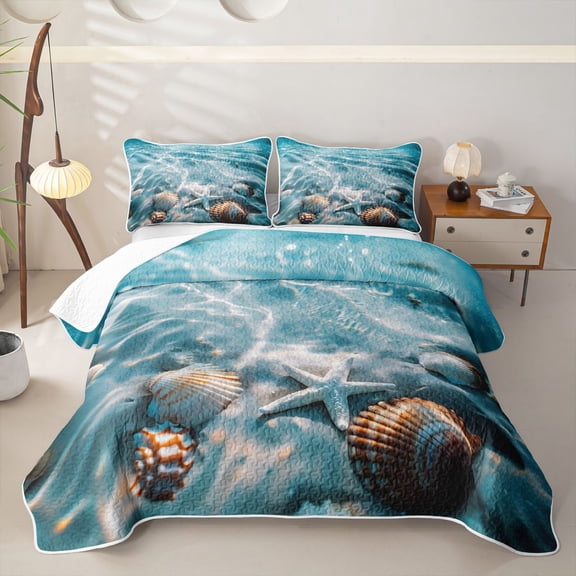 Manfei Lovely Starfish Bed Spread Queen,Calm Ocean Water Queen Coverlet Set,White Blue,3 Pieces