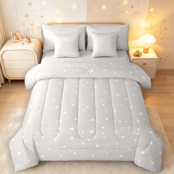 Manfei Lovely Stars 7-Piece Twin Bedding,Cute Cartoon Polka Dot Bedding Comforter Set,Light Gray,Light Gray Reversible