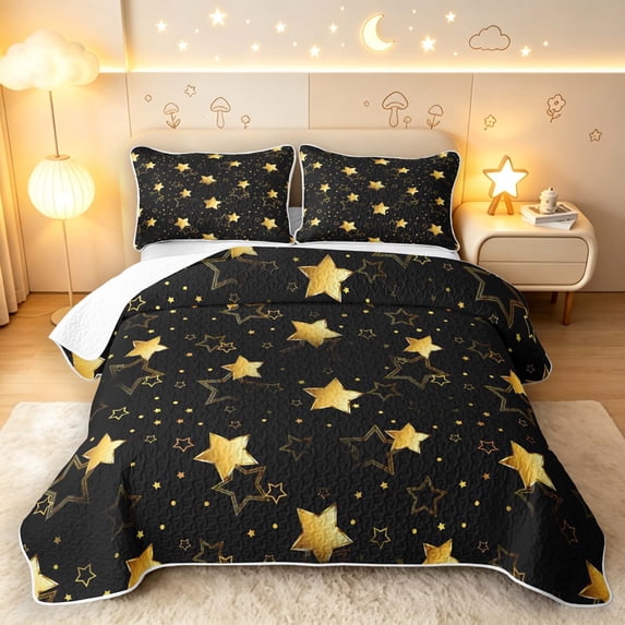 Manfei Lovely Stars Bed Spread Queen,Galaxy Theme Queen Coverlet Set,Black Gold,Black Reversible,3-Piece,1 Quilt and 2 Pillowcases