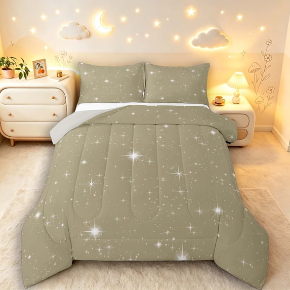 Manfei Lovely Stars King Size Comforter Sets,Cute Cartoon Themed Comforters King Size,Beige White,Light Gray Reversible,3pcs,1 Comforter and 2 Pillowcases