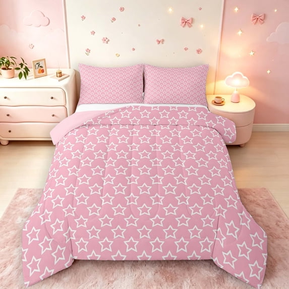 Manfei Lovely Stars King Size Comforter Sets,Kawaii Cartoon Theme Comforters King Size,Pink White,Pink Reversible,3-Piece,1 Comforter and 2 Pillowcases