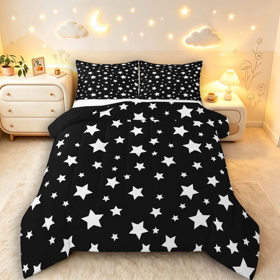 Manfei Lovely Stars Polka Dot King Size Comforter Sets,Cute Cartoon Themed Comforters King Size,Black White,Black Reversible,3pcs,1 Comforter and 2 Pillowcases