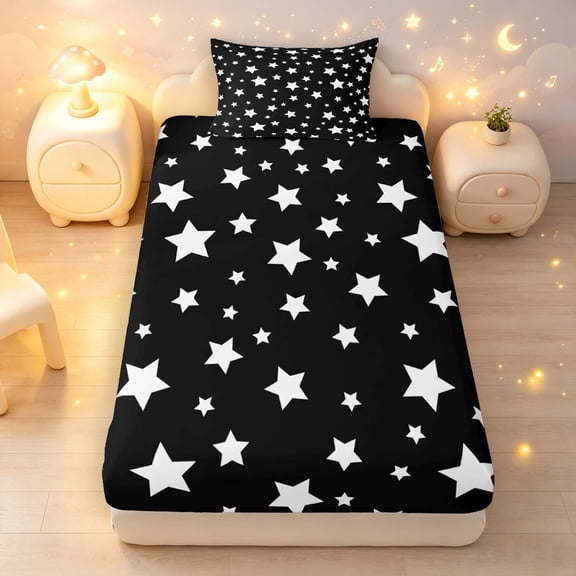 Manfei Lovely Stars Polka Dot Twin Fitted Sheet,Cute Cartoon Themed Bedding,Black White,2pcs