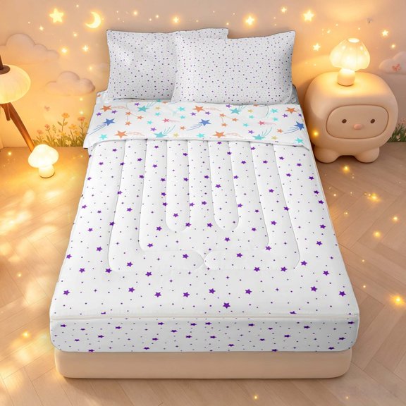 Manfei Lovely Stars Polka Dot Zipper Twin Comforter Sets with Fitted Sheet and 2 Pillowcases,Sprinkle Print Zipper Bedding Set,White Purple,Colorful Stars Reversible,4pcs