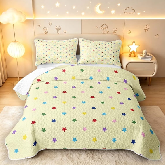Manfei Lovely Stars Printed Twin Quilt Set,Playful Design Twin Coverlet Set,Light Yellow,Colorful Stars Reversible,2 Pieces,1 Bedspread and 1 Pillowcase