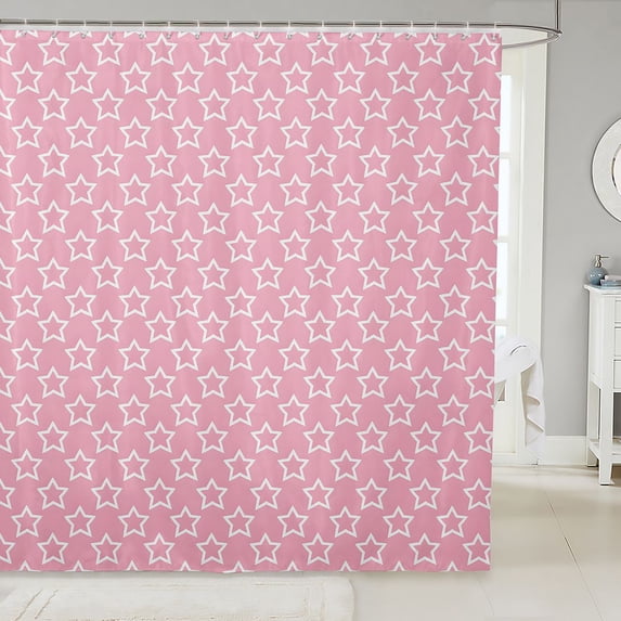 Manfei Lovely Stars Shower Curtain 72Wx78L,Kawaii Cartoon Theme Bath Curtain,Pink White