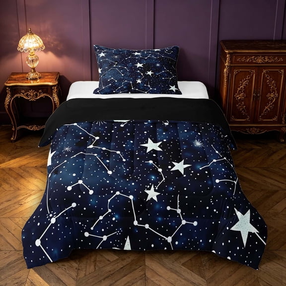 Manfei Lovely Stars Twin Comforter Sets,Geometric Stripes Bedding Set,Navy White,Black Reversible,2pcs,1 Comforter and 1 Pillowcase