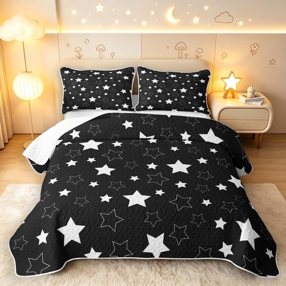 Manfei Lovely Stars Twin Quilt Set,Cute Cartoon Themed Twin Coverlet Set,Black White,Black Reversible,2pcs,1 Bedspread and 1 Pillowcase