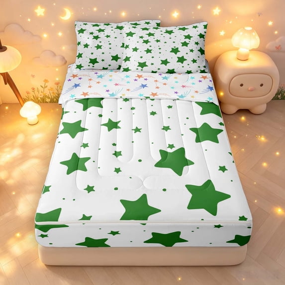 Manfei Lovely Stars Zipper Full Size Comforter Sets with Fitted Sheet and 2 Pillowcases,Cute Cartoon Theme Zipper Bedding Set,White Green,Colorful Stars Reversible,4pcs