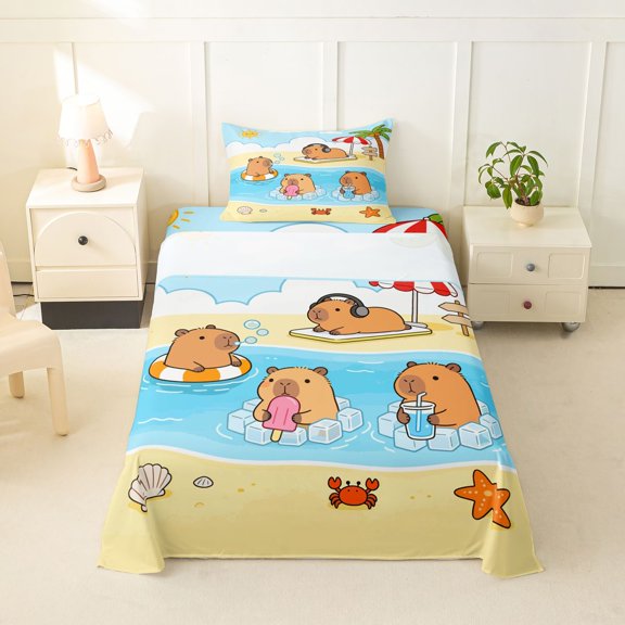 Manfei Lovely Swim Ring Pattern Twin Sheets,Kawaii Capybara Bedding,Yellow Blue,3 Pieces,1 Fitted Sheet and 1 Pillowcase