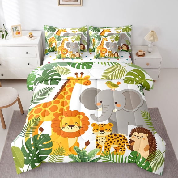 Manfei Lovely Tiger Giraffe 7-Piece Twin Bedding,Zoo Animal Elephant Bedding Comforter Set,Green,Polkadot Reversible