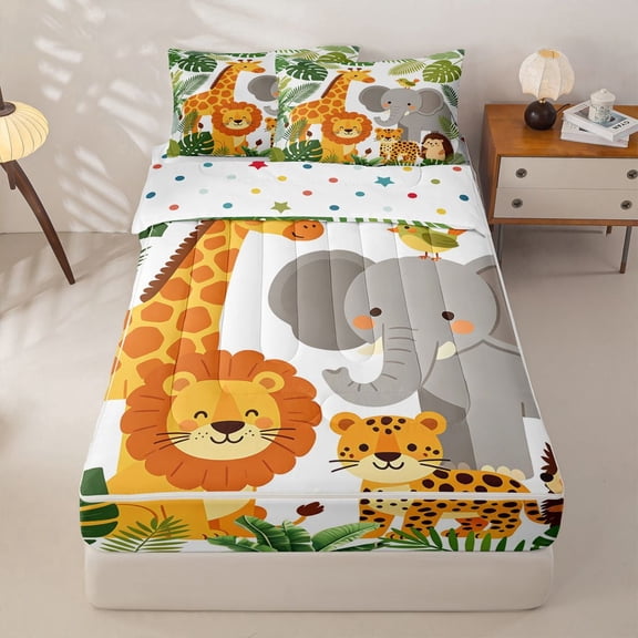 Manfei Lovely Tiger Giraffe Zipper Full Size Comforter Sets with Fitted Sheet and 2 Pillowcases,Zoo Animal Elephant Zipper Bedding Set,Green,Polkadot Reversible,4pcs