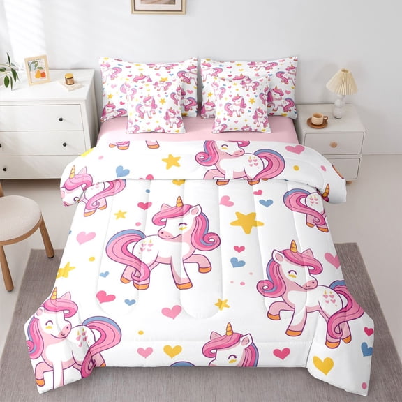 Manfei Lovely Unicorn 7-Piece Twin Bedding,Playful Stars Heart Bedding Comforter Set,Pink White Multicolor,Pink Reversible