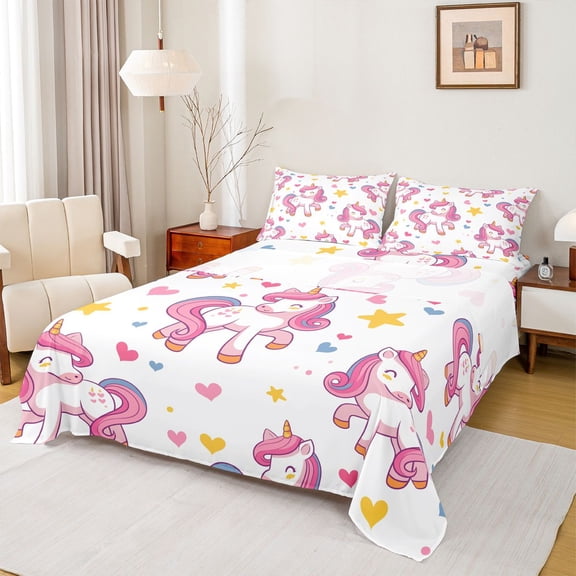 Manfei Lovely Unicorn Bed Sheets,Playful Stars Heart Full Size Sheets,Pink White Multicolor,4 Pieces,1 Flat Sheet, 1 Fitted Sheet and 2 Pillowcases
