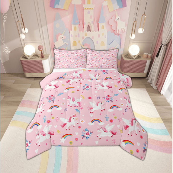 Manfei Lovely Unicorn Bedding Comforter Set,Cartoon Animal Twin Comforter Sets,Kawaii Daisy Flower Bedding Set For Kids Girl,Super Cozy Room Decor Reversible,2-Piece