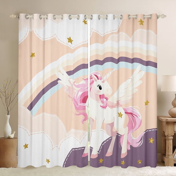 Manfei Lovely Unicorn Black Out Curtains,Rainbow Stars Print Curtains Pack of 2 (42x63 Each),Pink Purple White Bedroom Curtains For Teens,Microfiber Bedroom Decor