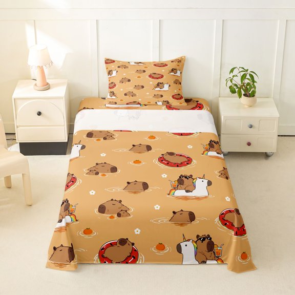 Manfei Lovely Unicorn Pattern Twin Sheets,Cute Capybara Bedding,Brown,3-Piece,1 Fitted Sheet and 1 Pillowcase