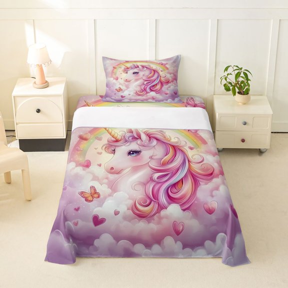 Manfei Lovely Unicorn Twin Sheets,Cute Butterfly Rainbow Bedding,Pink Multicolor,3 Pieces,1 Fitted Sheet and 1 Pillowcase